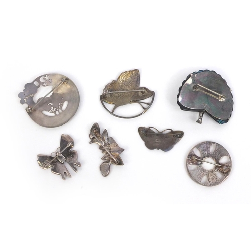 887 - Six silver insect and flower brooches, with enamelled and abalone decoration and one other butterfly... 