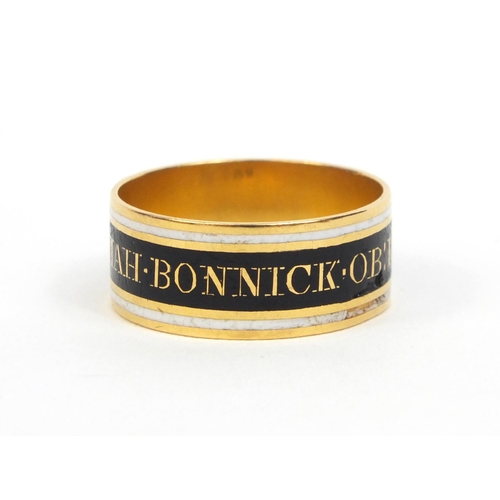 819 - Georgian silver gilt black and white enamel mourning ring - Josiah.Bonnick.Ob:19.Nov:1801.AE:75, siz... 