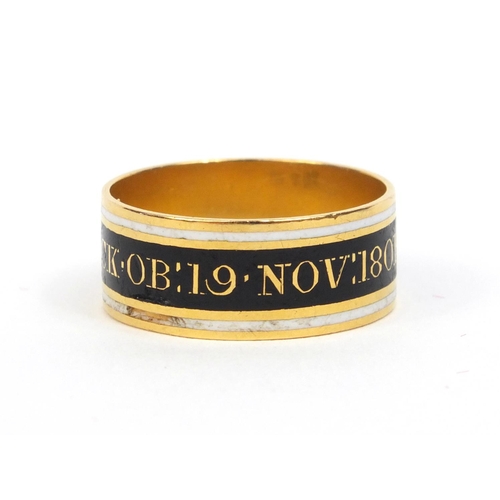 819 - Georgian silver gilt black and white enamel mourning ring - Josiah.Bonnick.Ob:19.Nov:1801.AE:75, siz... 