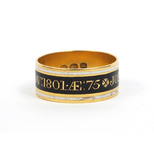 819 - Georgian silver gilt black and white enamel mourning ring - Josiah.Bonnick.Ob:19.Nov:1801.AE:75, siz... 