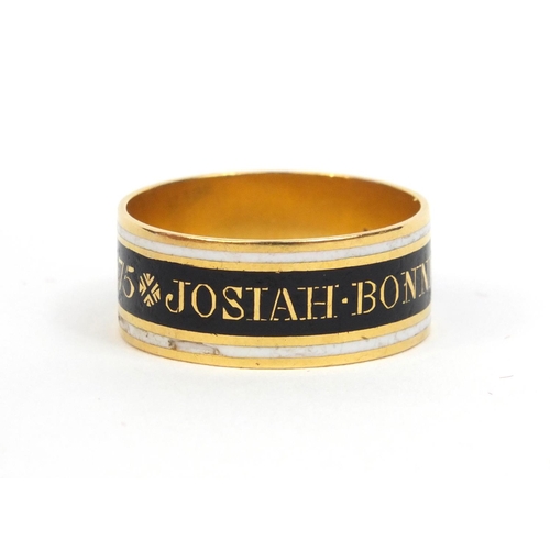 819 - Georgian silver gilt black and white enamel mourning ring - Josiah.Bonnick.Ob:19.Nov:1801.AE:75, siz... 