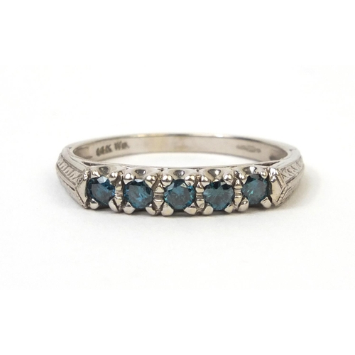 869 - 14ct white gold blue diamond half eternity ring, size P, approximate weight 2.9g