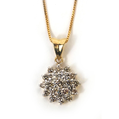 845 - 9ct gold diamond cluster pendant on an 18ct gold necklace, the pendant 2.2cm long, approximate weigh... 