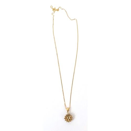 845 - 9ct gold diamond cluster pendant on an 18ct gold necklace, the pendant 2.2cm long, approximate weigh... 