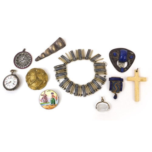 889 - Small selection of vintage costume jewellery, including a ladies silver watch, a Dutch enamelled bro... 