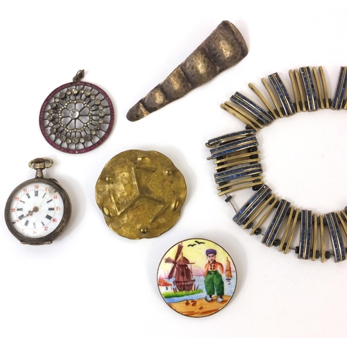 889 - Small selection of vintage costume jewellery, including a ladies silver watch, a Dutch enamelled bro... 