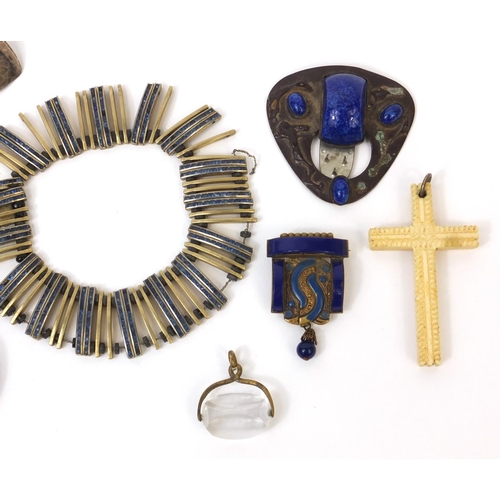 889 - Small selection of vintage costume jewellery, including a ladies silver watch, a Dutch enamelled bro... 