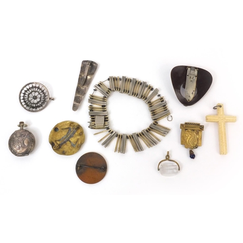 889 - Small selection of vintage costume jewellery, including a ladies silver watch, a Dutch enamelled bro... 