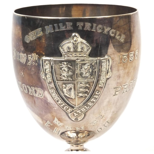 768 - Victorian silver civil service athletic sports trophy, for The one Mile Tricycle, June 5th 1886, 2nd... 