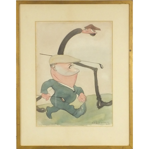 934 - H M Bateman - Watercolour charactercher of two golfers, dated 1912, mounted and contemporary framed,... 