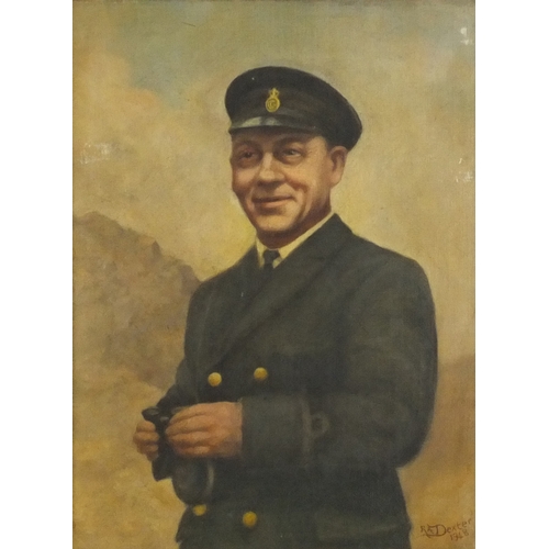 1017 - R A Dexter - Military interest oil onto canvas view of a gentleman standing in uniform holding a pai... 