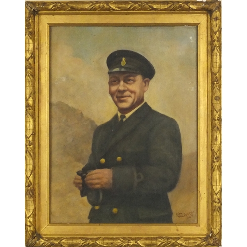 1017 - R A Dexter - Military interest oil onto canvas view of a gentleman standing in uniform holding a pai... 