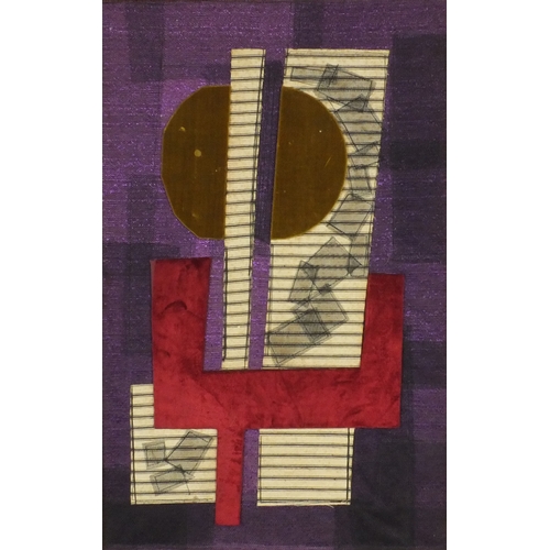 1007 - Kate Cooper - Fabric collage abstract composition, framed, label to the reverse, 34cm x 56cm excludi... 