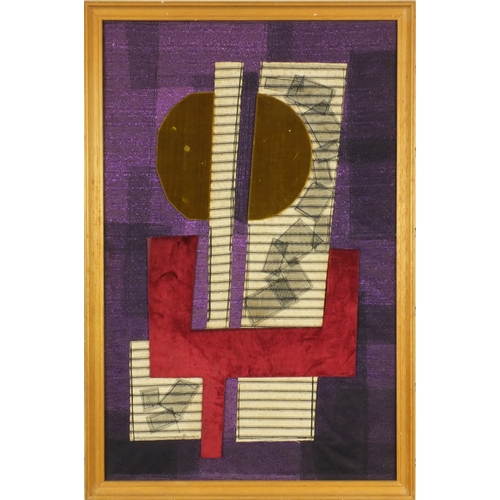 1007 - Kate Cooper - Fabric collage abstract composition, framed, label to the reverse, 34cm x 56cm excludi... 