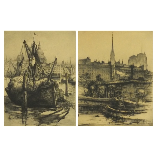 1020 - Two pencil signed limited edition etchings, one of a moored boat and one of a landscape scene, both ... 