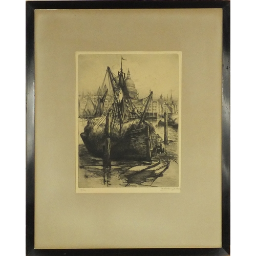 1020 - Two pencil signed limited edition etchings, one of a moored boat and one of a landscape scene, both ... 