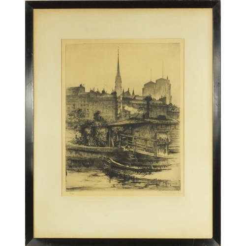 1020 - Two pencil signed limited edition etchings, one of a moored boat and one of a landscape scene, both ... 