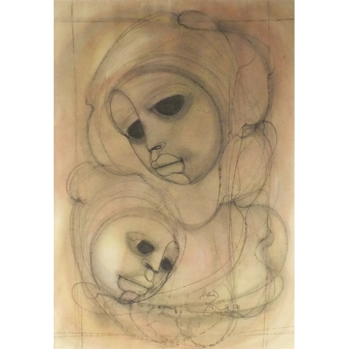 1035 - Surrealist pencil sketch of two faces, signed Ben, mounted and framed, 87cm x 60cm excluding the mou... 
