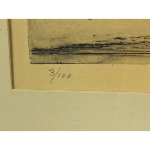 1020 - Two pencil signed limited edition etchings, one of a moored boat and one of a landscape scene, both ... 