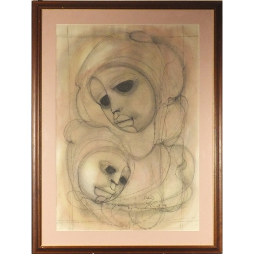 1035 - Surrealist pencil sketch of two faces, signed Ben, mounted and framed, 87cm x 60cm excluding the mou... 