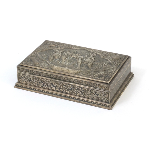 297 - Thainakon sterling silver box profusely embossed with figures on elephant backs, the hinged lid open... 