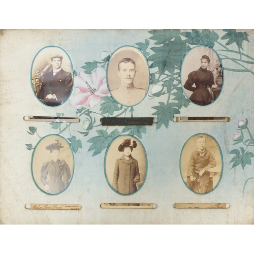 213 - Oriental black lacquered cabinet card album containing cabinet cards, including the compliments of s... 