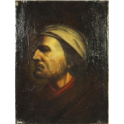 942 - Unframed 18th century oil onto canvas portrait of a gentleman wearing a turban, 52cm x 38cm