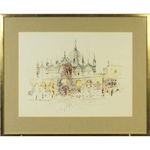 966 - Colin Gibson - Line and wash study titled 'St Mark Square Venice', mounted and contemporary framed, ... 