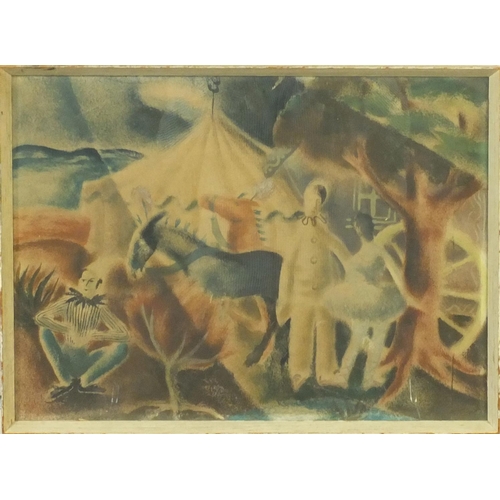 929 - Early watercolour onto paper view of a circus scene, bearing a pencil signature Mary Fedden, mounted... 