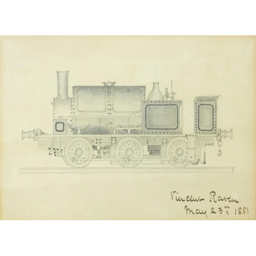 186 - Sir Vincent Raven - Watercolour washed print of a train, signed in ink dated 1881, label to the reve... 