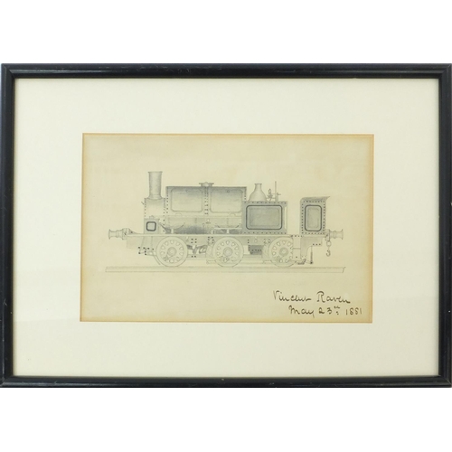 186 - Sir Vincent Raven - Watercolour washed print of a train, signed in ink dated 1881, label to the reve... 