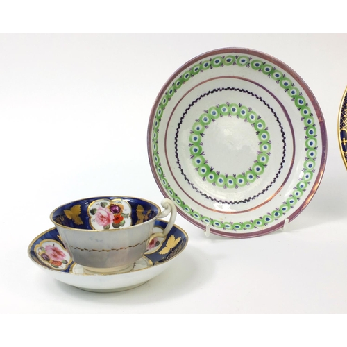 625 - Group of Victorian and later tea ware comprising two Coalport cups and saucers, a Newhall shallow di... 