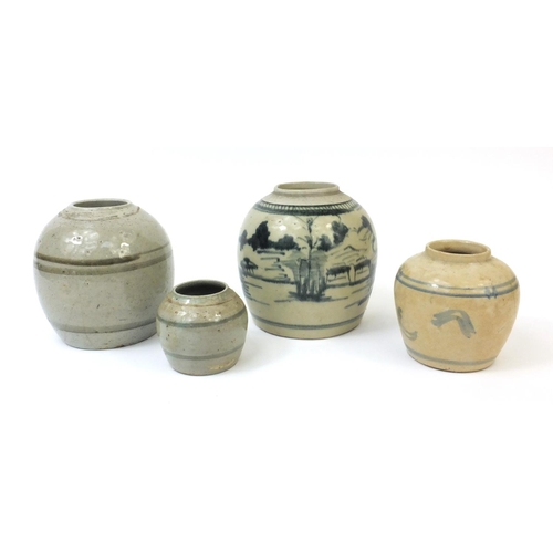 488 - Four Chinese stoneware ginger jars, one hand painted with a landscape scene, the tallest 16cm high