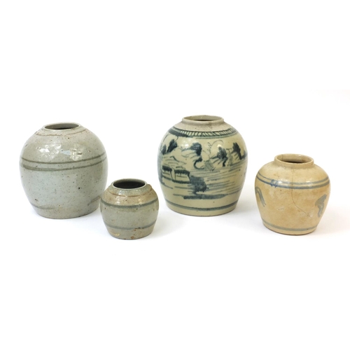 488 - Four Chinese stoneware ginger jars, one hand painted with a landscape scene, the tallest 16cm high