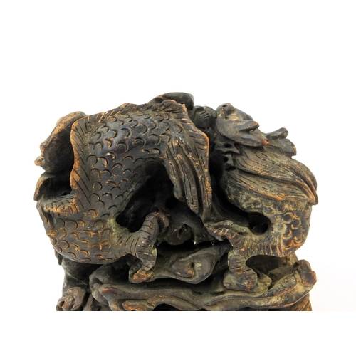 555 - Chinese root carving of two dragons chasing a pearl, 14cm high