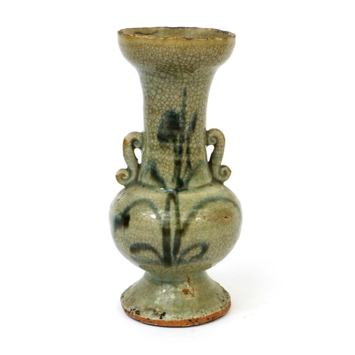 489 - Chinese crackle glaze stoneware twin handle vase, hand painted with flowers, 17cm high