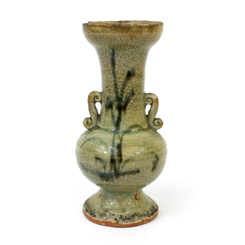 489 - Chinese crackle glaze stoneware twin handle vase, hand painted with flowers, 17cm high