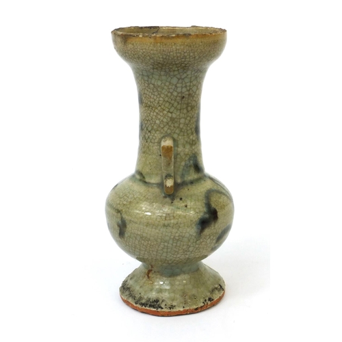 489 - Chinese crackle glaze stoneware twin handle vase, hand painted with flowers, 17cm high