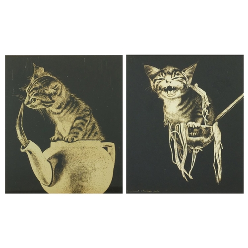 997 - Raymond Charles Dell - Two scratchboard studies, one of a scared cat and one of a cat sitting on a t... 