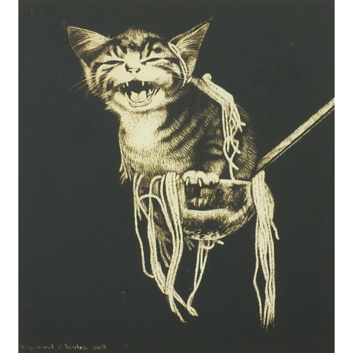 997 - Raymond Charles Dell - Two scratchboard studies, one of a scared cat and one of a cat sitting on a t... 