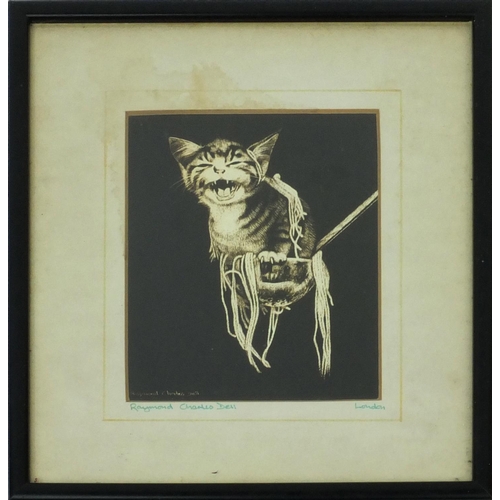 997 - Raymond Charles Dell - Two scratchboard studies, one of a scared cat and one of a cat sitting on a t... 