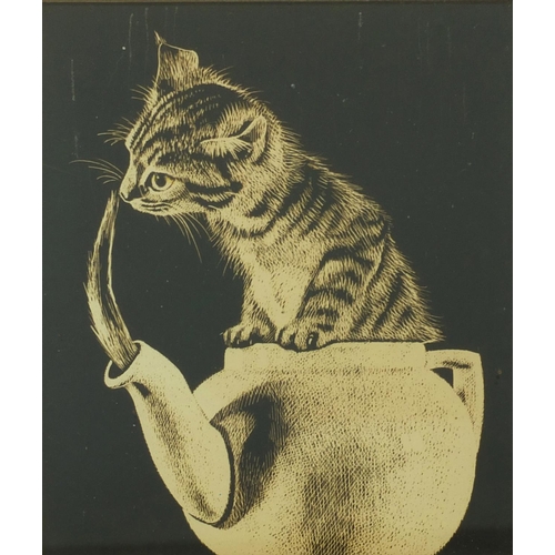 997 - Raymond Charles Dell - Two scratchboard studies, one of a scared cat and one of a cat sitting on a t... 