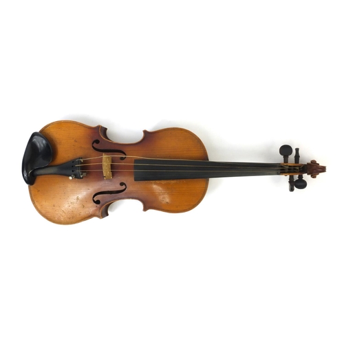 348 - Old wooden violin together with three bows and carrying case, the violin 59cm long