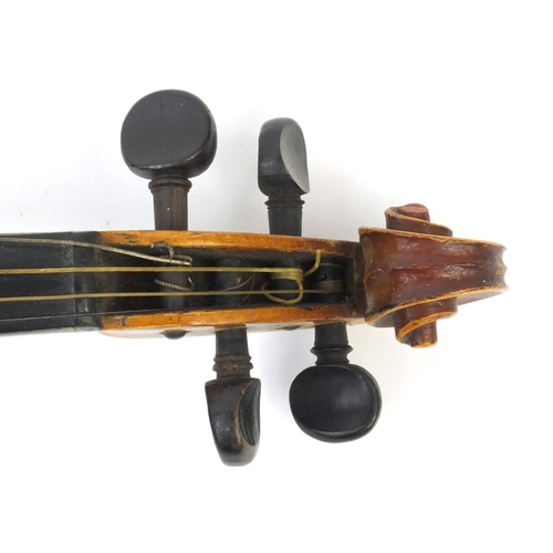 348 - Old wooden violin together with three bows and carrying case, the violin 59cm long