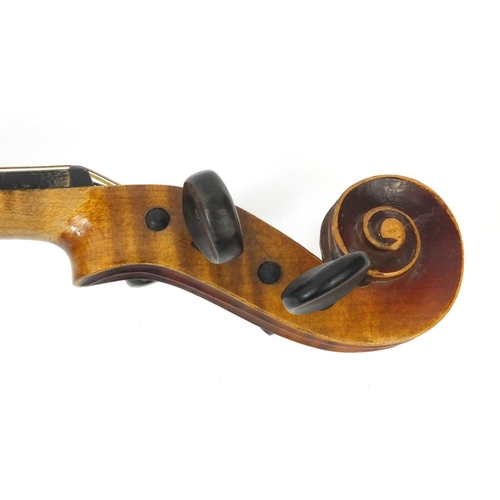 348 - Old wooden violin together with three bows and carrying case, the violin 59cm long