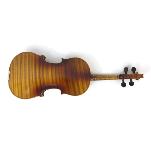 348 - Old wooden violin together with three bows and carrying case, the violin 59cm long