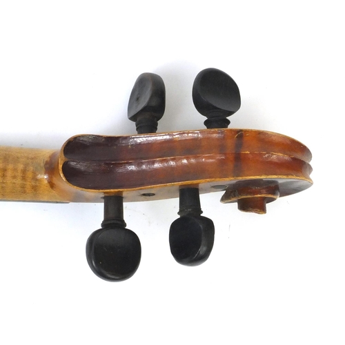 348 - Old wooden violin together with three bows and carrying case, the violin 59cm long