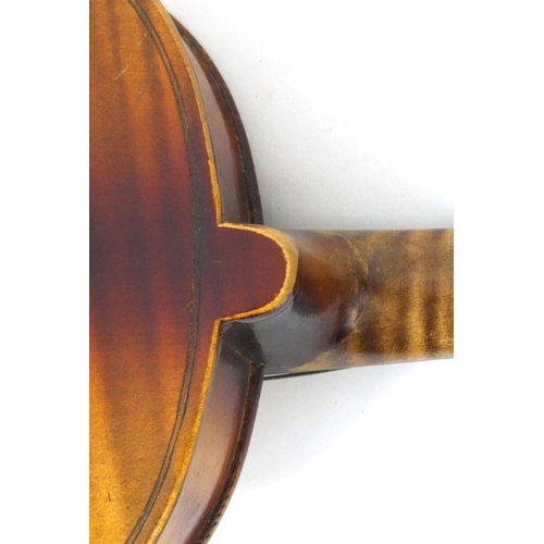 348 - Old wooden violin together with three bows and carrying case, the violin 59cm long