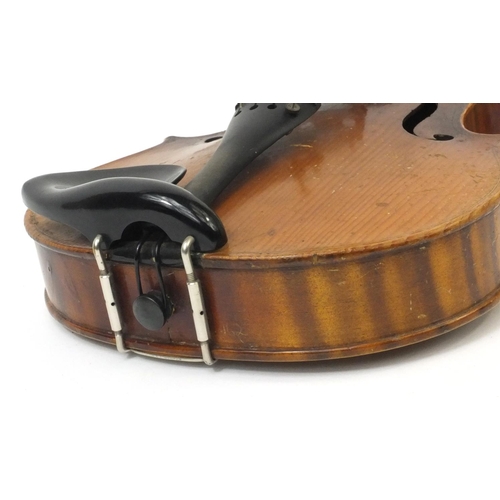 348 - Old wooden violin together with three bows and carrying case, the violin 59cm long