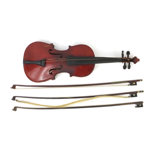 347 - Old wooden violin together with three bows and a carrying case, the violin with The Maidstone school... 